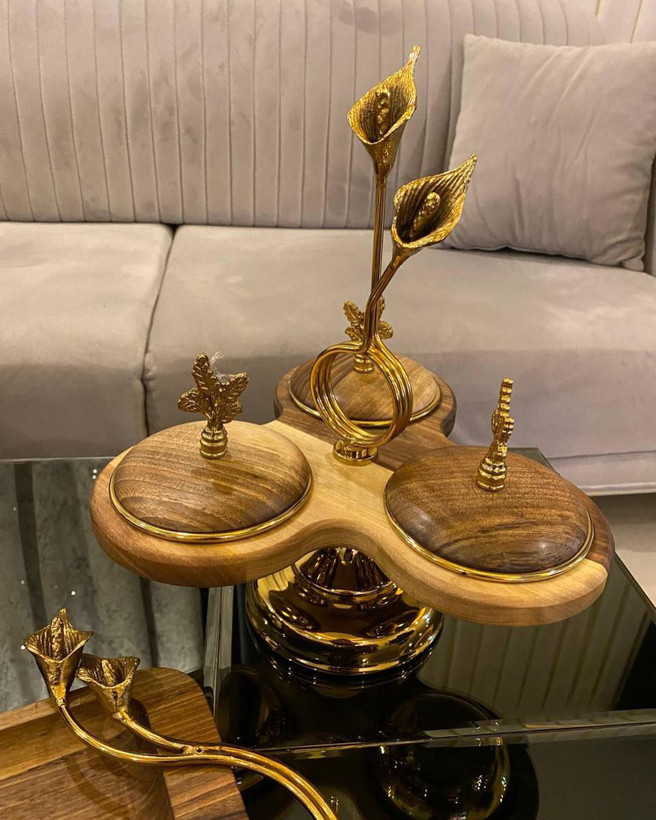 ست پذیرایی جنس چوب گردو گل برنجی پایه ابکاری فورتیک
