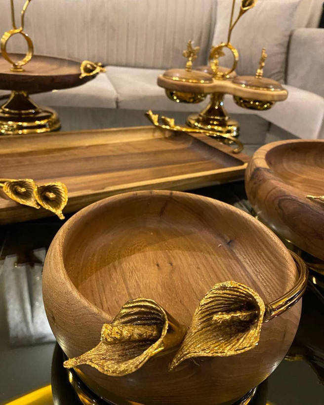ست پذیرایی جنس چوب گردو گل برنجی پایه ابکاری فورتیک